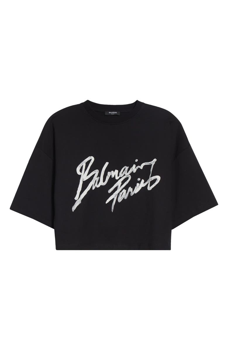 Balmain Paris Brush Print Crop T-Shirt, Main, color, Black/ White