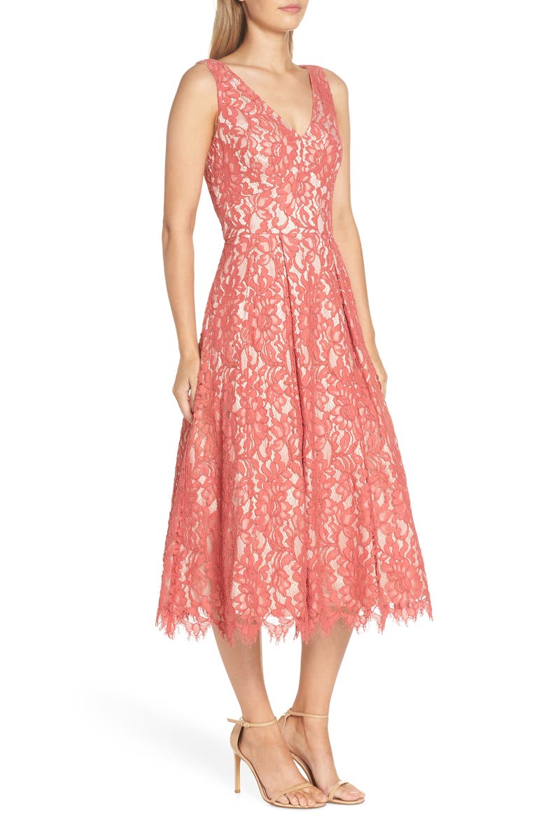 V-Neck Lace Midi Dress, Alternate, color, ROSE