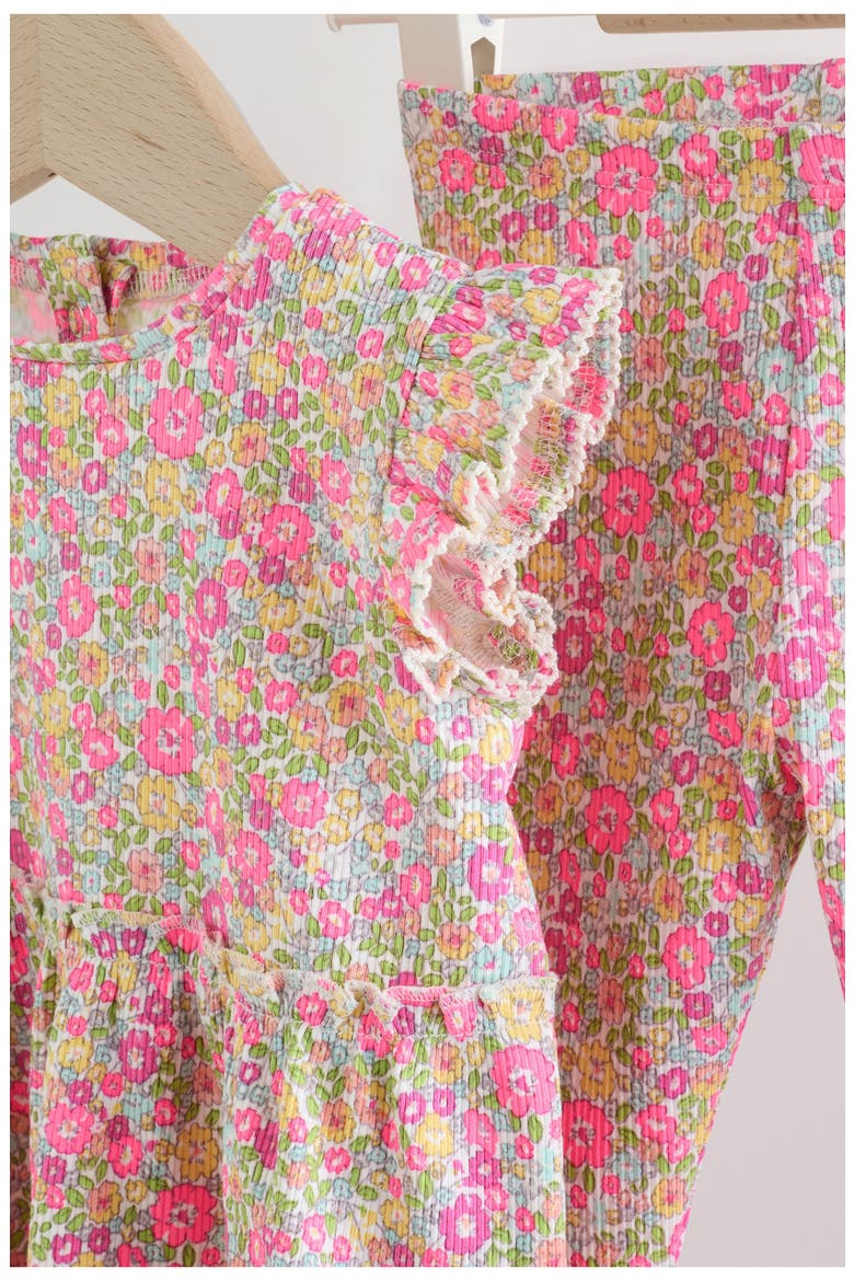 Kids' Fleuro Ditsy Ruffle Stretch Cotton Top & Leggings Set, Alternate, color, PINK