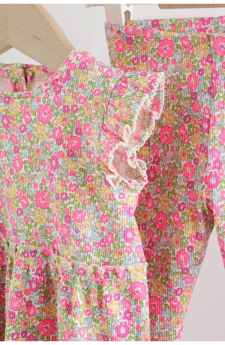 NEXT Kids' Fleuro Ditsy Ruffle Stretch Cotton Top & Leggings Set, Alternate, color, Pink