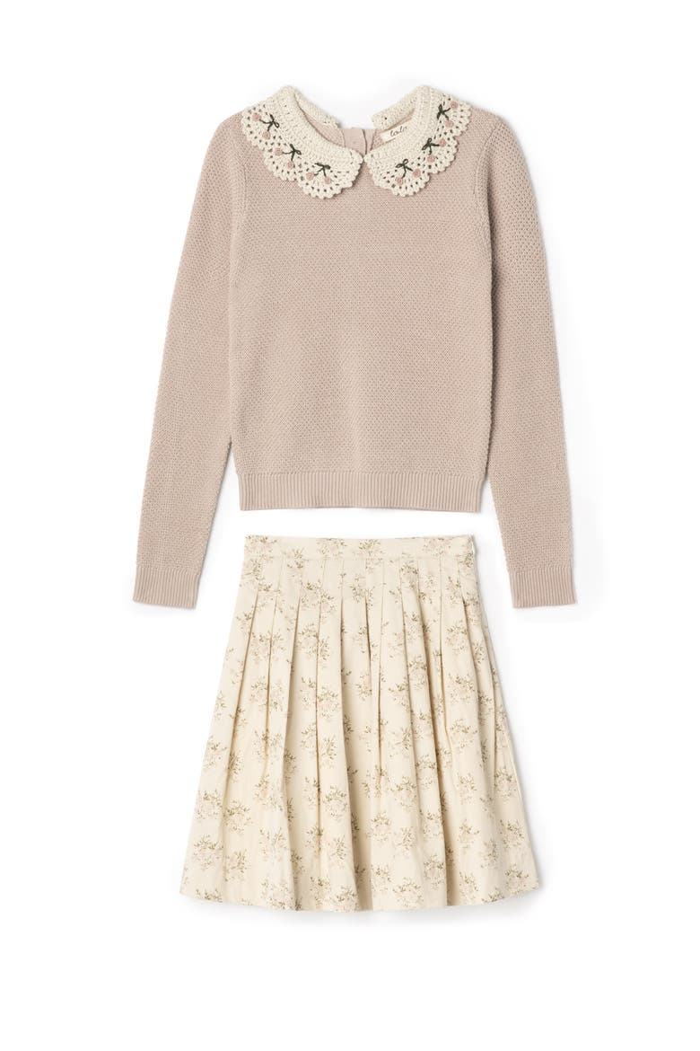Crochet Collar Cherry Textured Knit Sweater and Corduroy Flower Skirt Two-Piece Set, Main, color, Rose Cloud