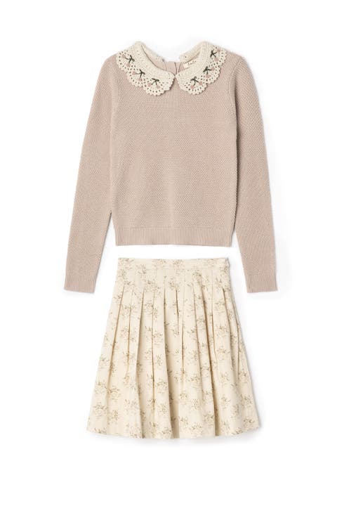 Crochet Collar Cherry Textured Knit Sweater and Corduroy Flower Skirt Two-Piece Set