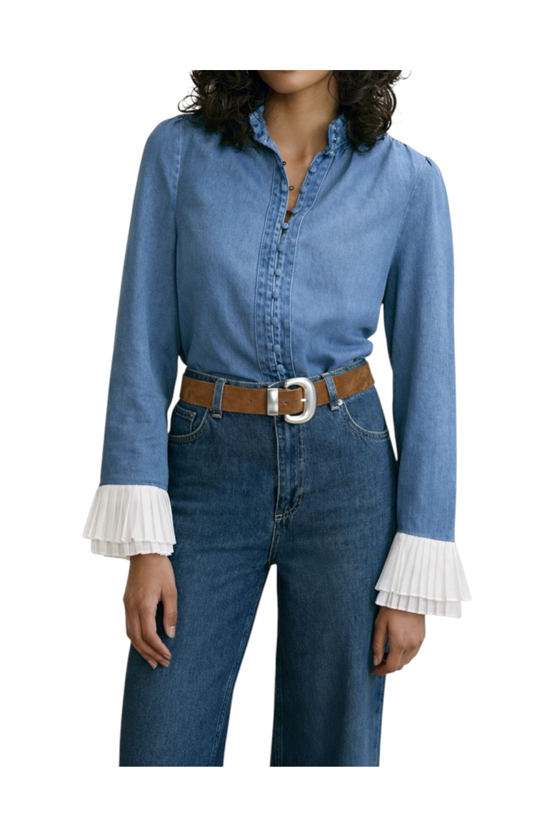 Denim Contrast Cuff Blouse, Main, color, Blue