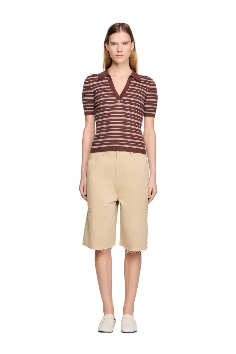 Striped V-neck polo sweater, Alternate, color, Brown