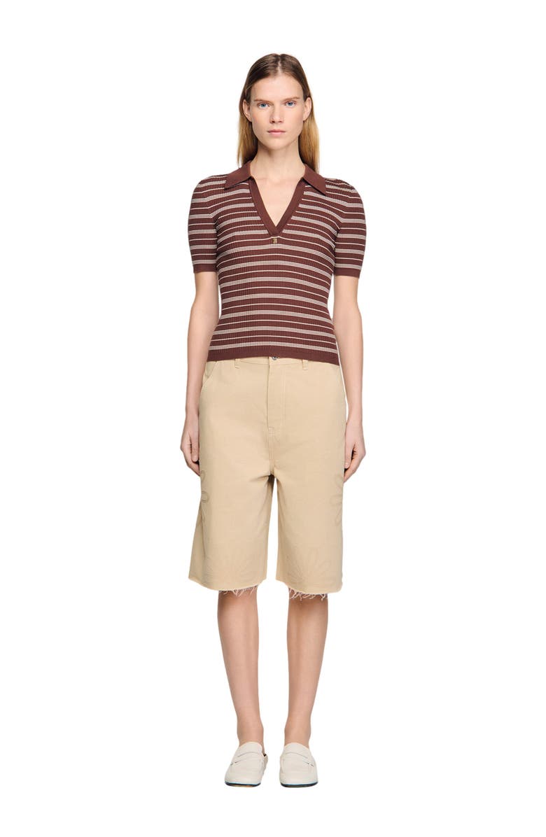 SANDRO Striped V-neck polo sweater, Alternate, color, Brown