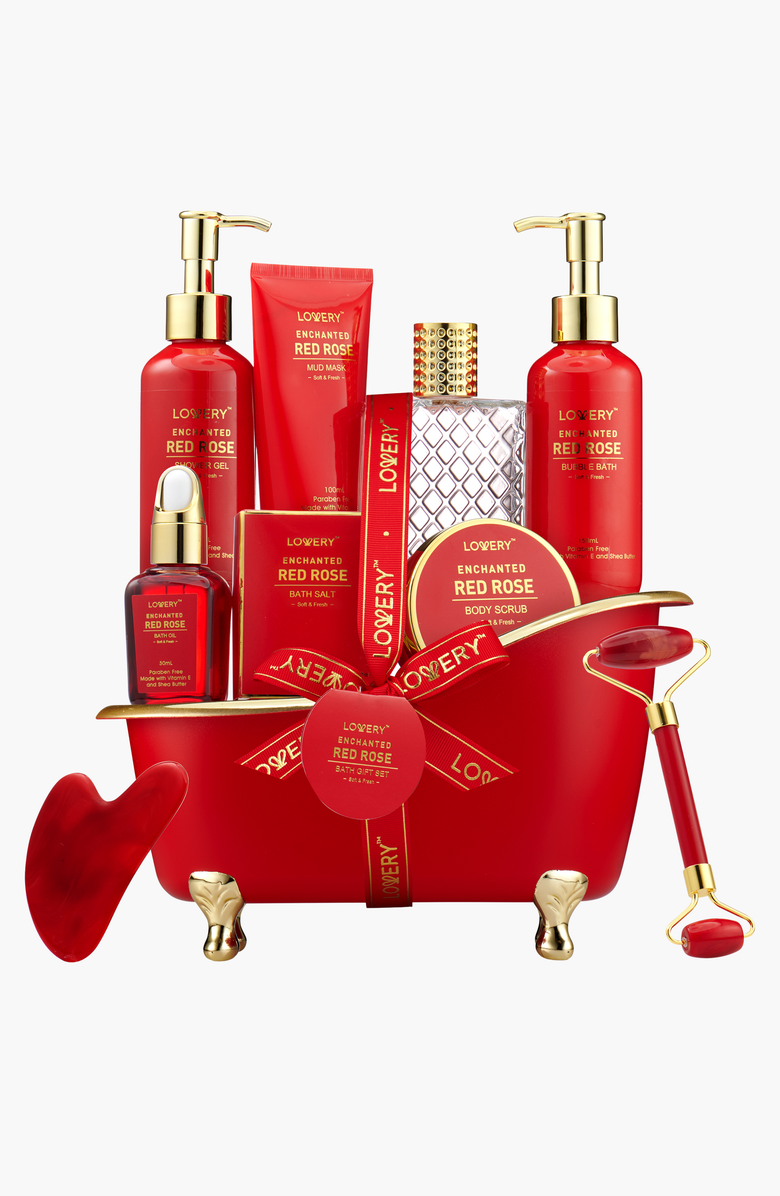 Lovery Luxe 11Pc Bath and Body Set with Perfume, Jade Roller, Gua Sha & More, Main, color, Red Rose / Gold