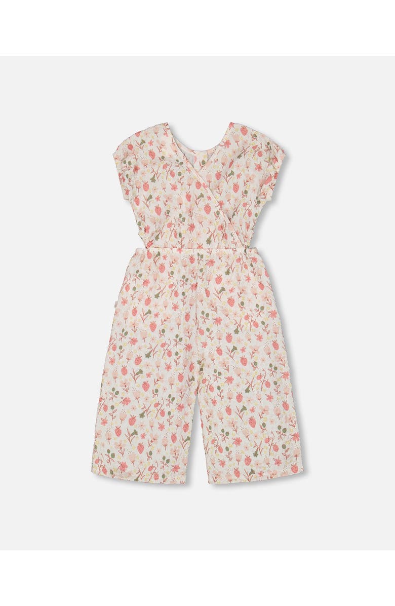 Deux par Deux Girl's Printed Seersucker Jumpsuit With Cut Outs Pink Flowers On Cream Background, Main, color,