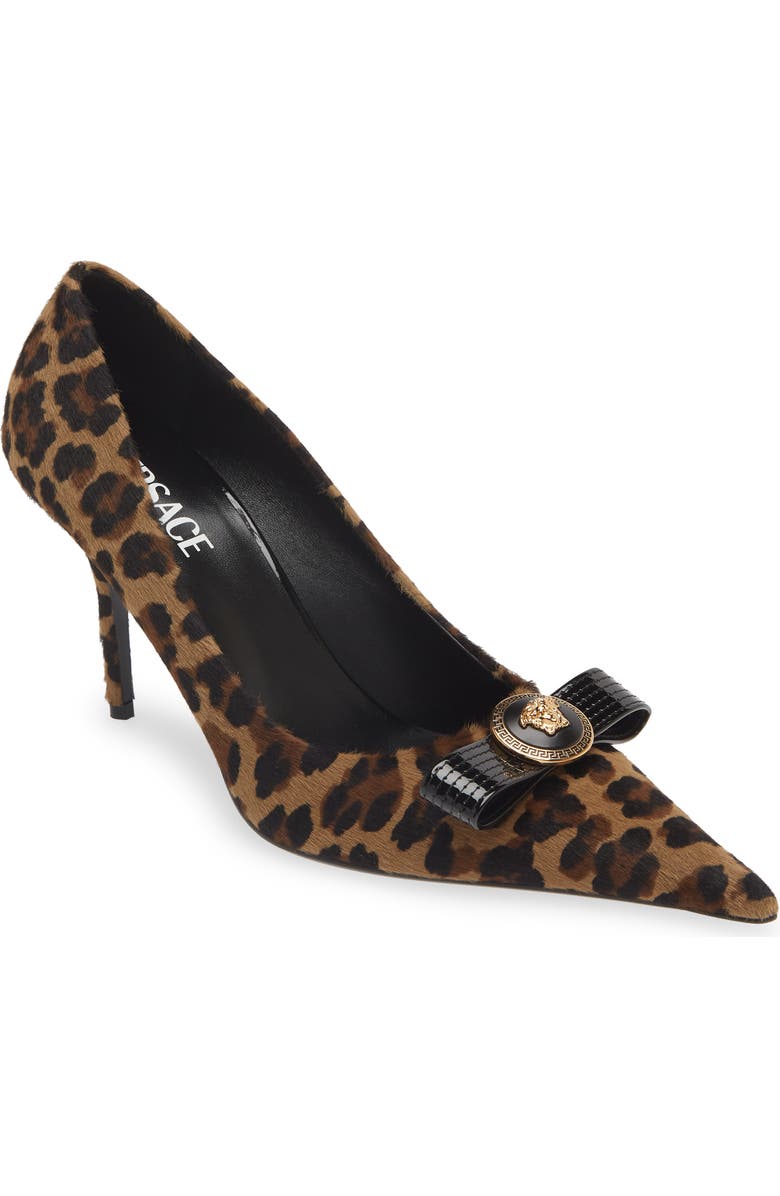 Versace Leopard Genuine Calf Hair Bow Pointed Toe Pump, Main, color, Brown Black Gold