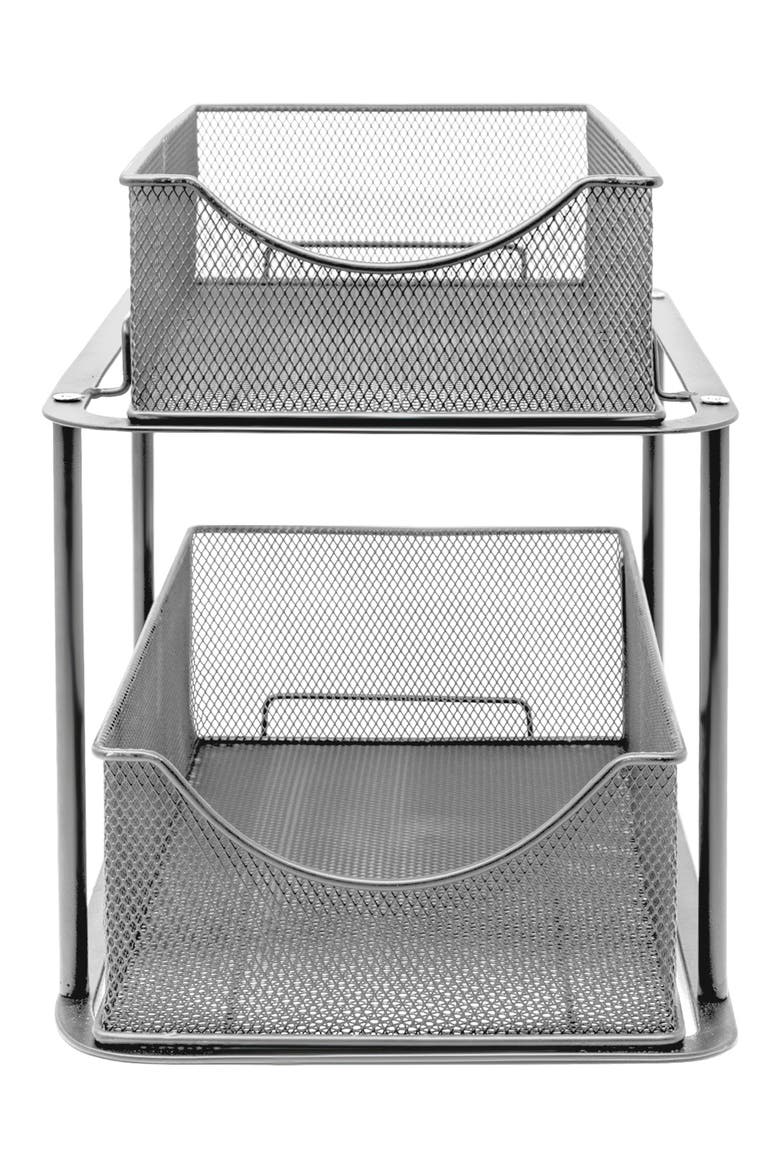 Silver-Tone 2 Tier Mesh Sliding Drawer Organizer Basket, Main, color, SILVER