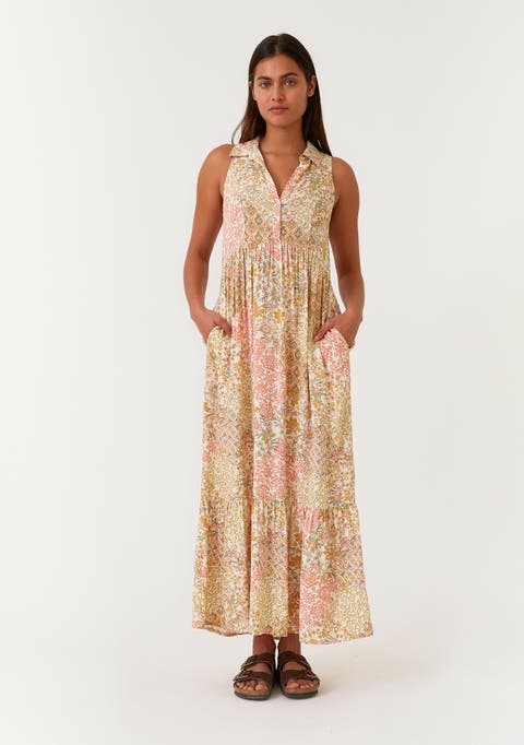 Floral Sleeveless Button Tiered Collared Maxi Dress