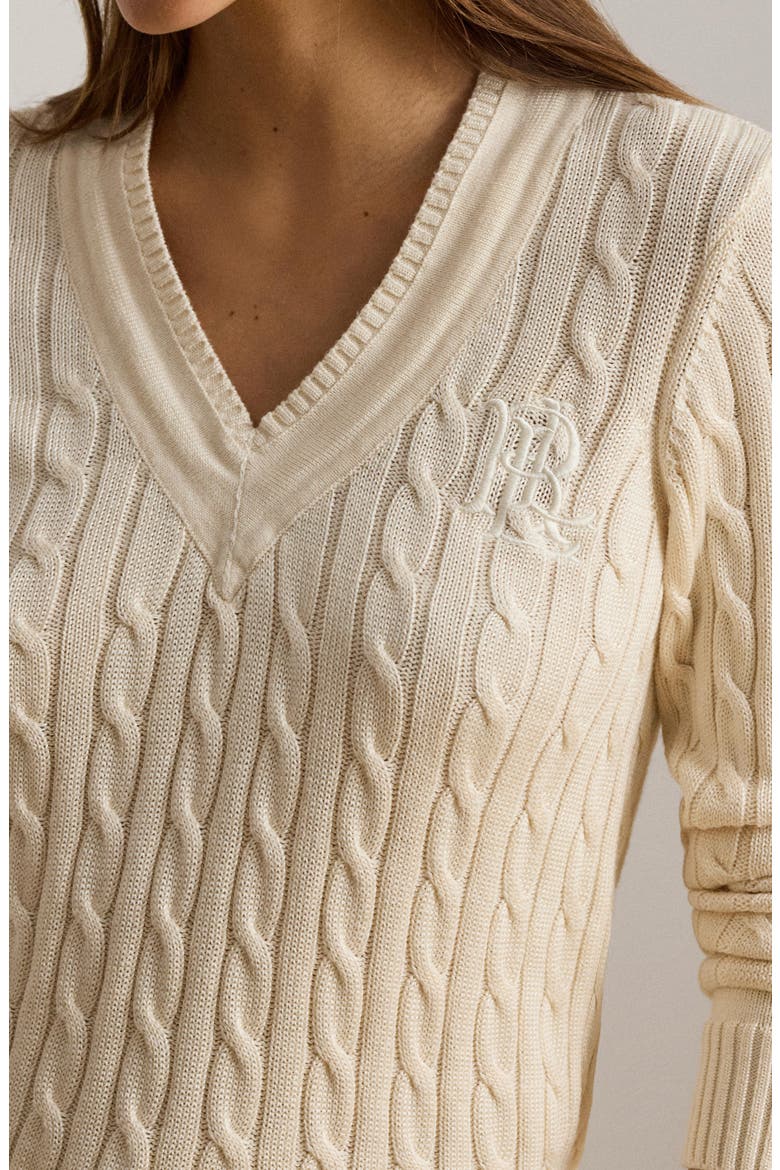 Cable Stitch V-Neck Sweater, Alternate, color, MASCARPONE CREAM