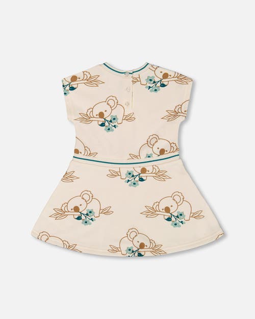 Deux Par Deux Little Girl's Printed French Terry Dress Off-white And Koala In Off-white And Koala