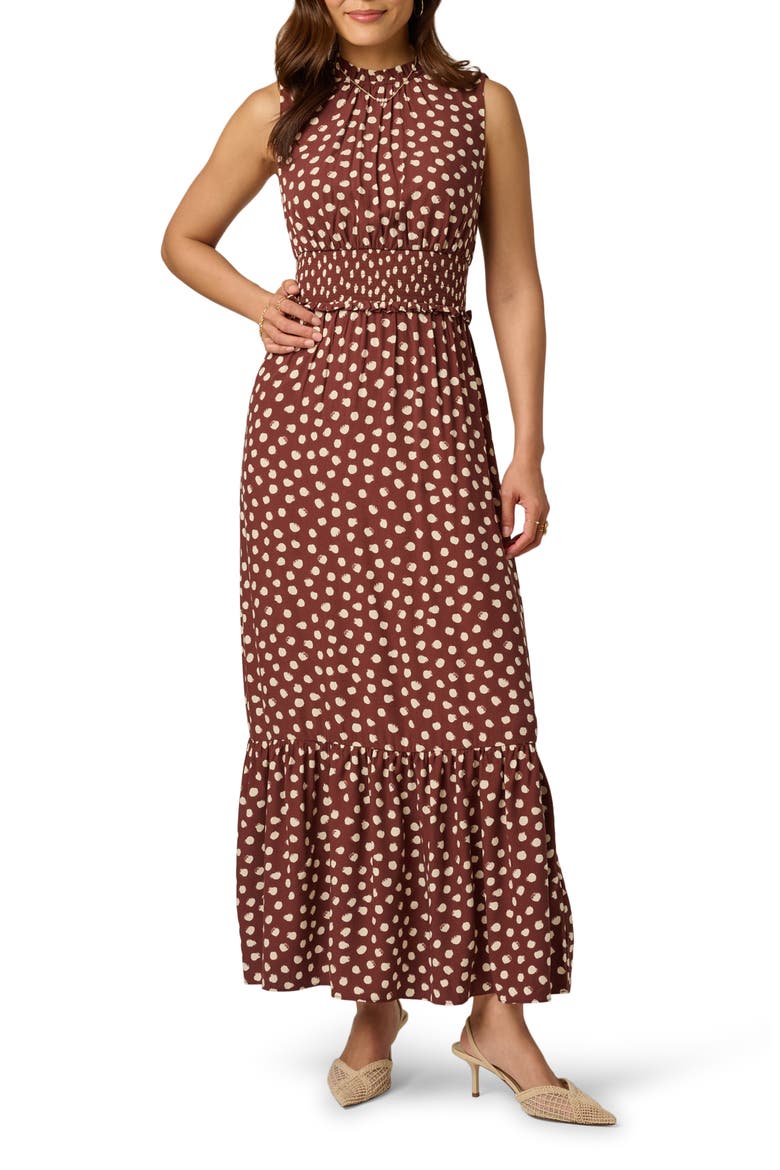 Print Smocked Waist Maxi Dress, Main, color, BROWN/ ECRU