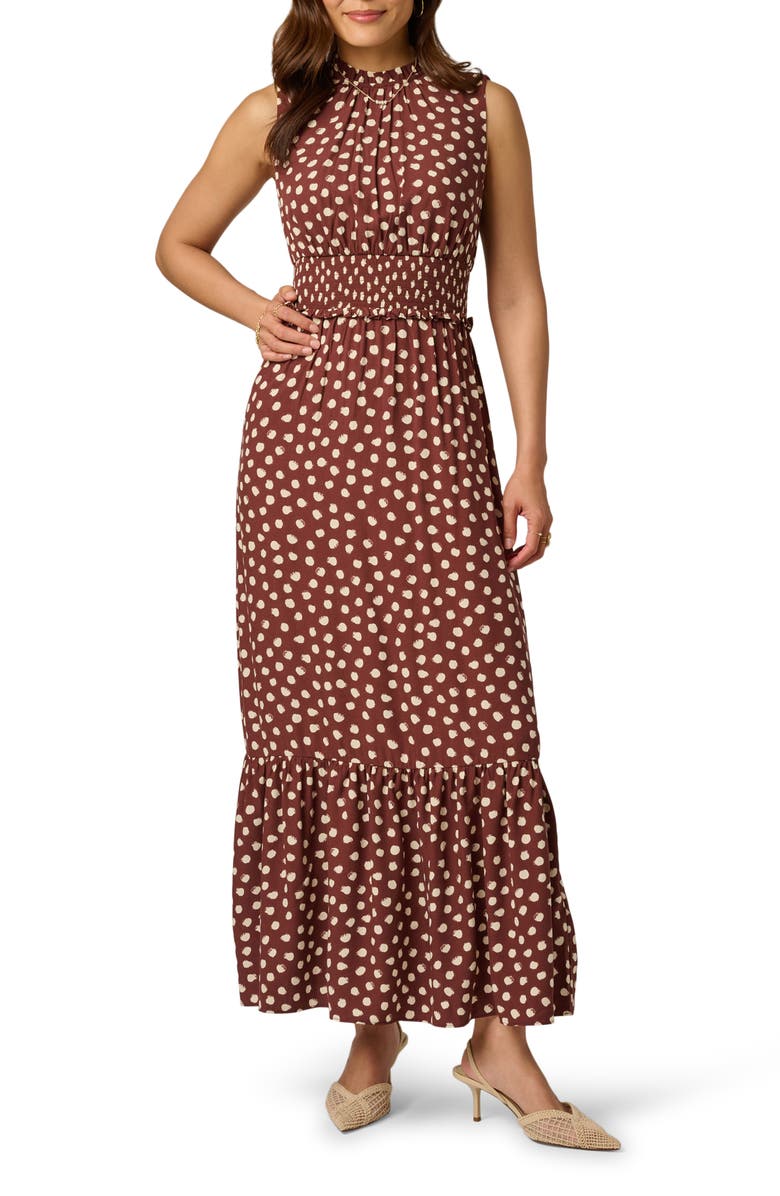Adrianna Papell Print Smocked Waist Maxi Dress, Main, color, Brown/ Ecru