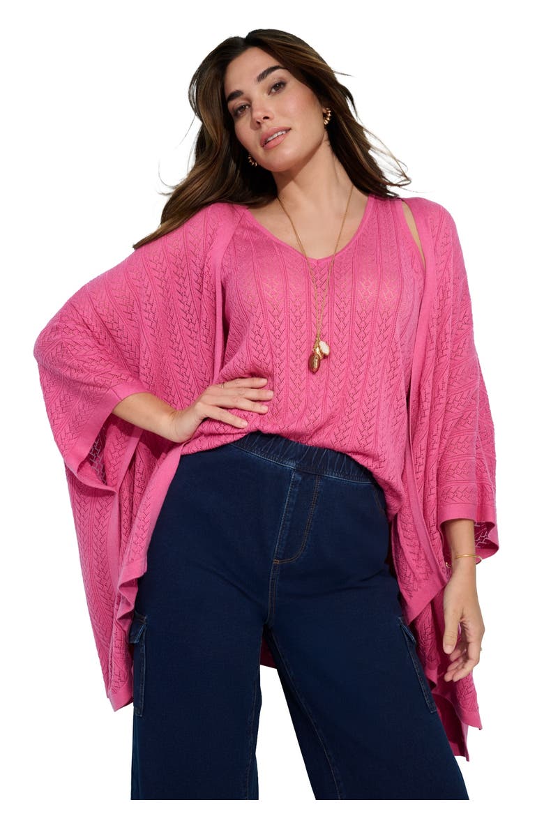 Plus Size Pointelle Open Front Ruana Cardigan, Main, color, VINTAGE ROSE