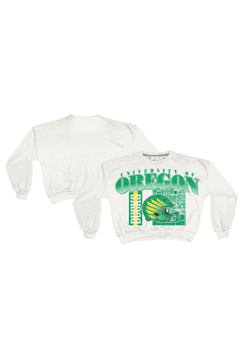 Women's Pressbox White Oregon Ducks Oversized Janice Retro Waist-Length Sweatshirt, Main, color, White