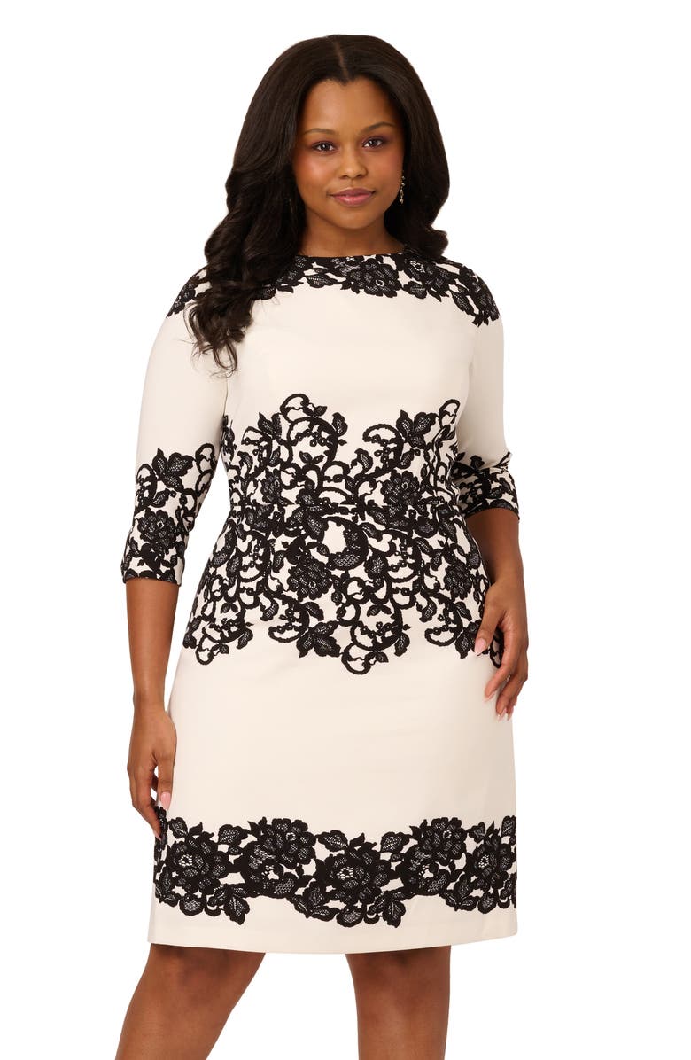 Adrianna Papell Scroll Lace Sheath Dress, Alternate, color, Ivory/ Black