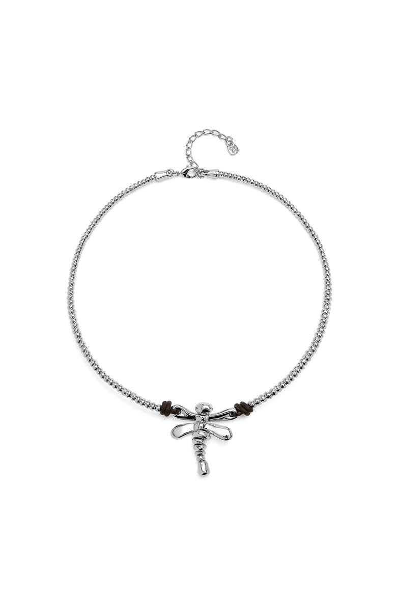 Sterling Silver Plated Short Necklace with Central Dragonfly, Main, color, Silver