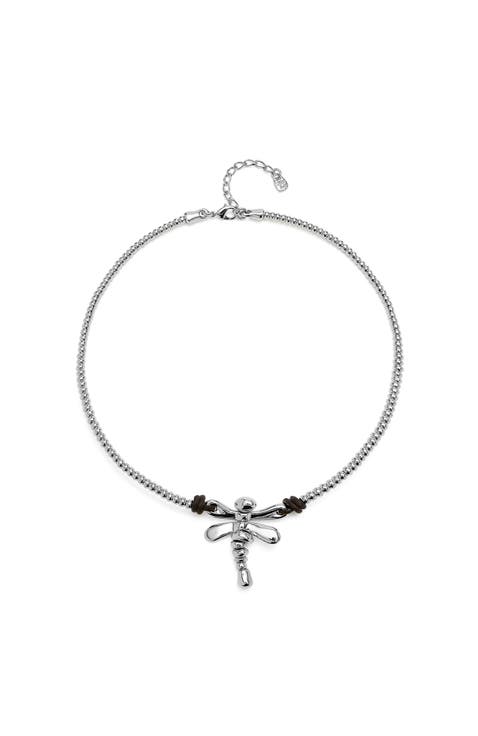 Sterling Silver Plated Short Necklace with Central Dragonfly