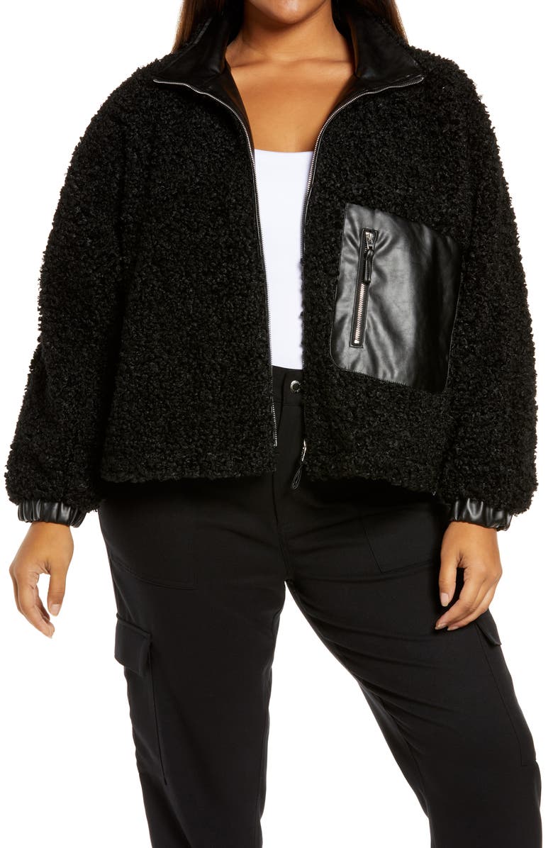 BLANKNYC Faux Shearling with Faux Leather Trim Bomber Jacket, Main, color, 