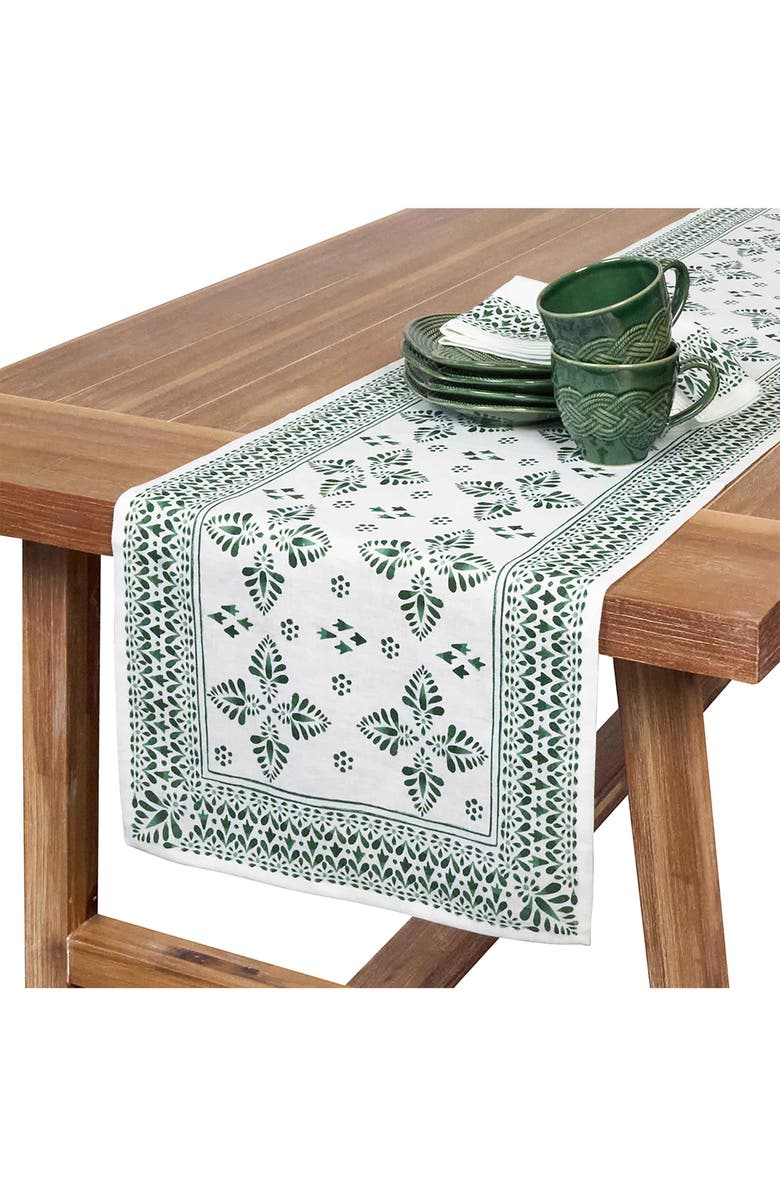 Juliska Iberian Border Linen Table Runner, Alternate, color, Evergreen