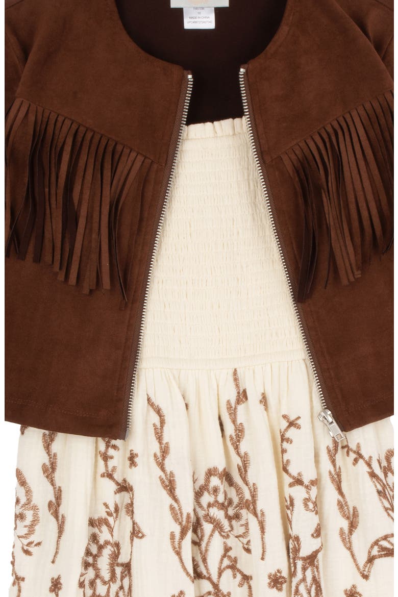 Kids' Embroidered Maxi Dress & Fringe Jacket Set, Alternate, color, BROWN