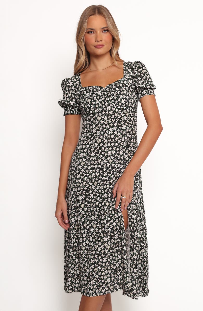 Petal & Pup Franklin Floral Puff Sleeve Midi Dress, Alternate, color, Black Floral