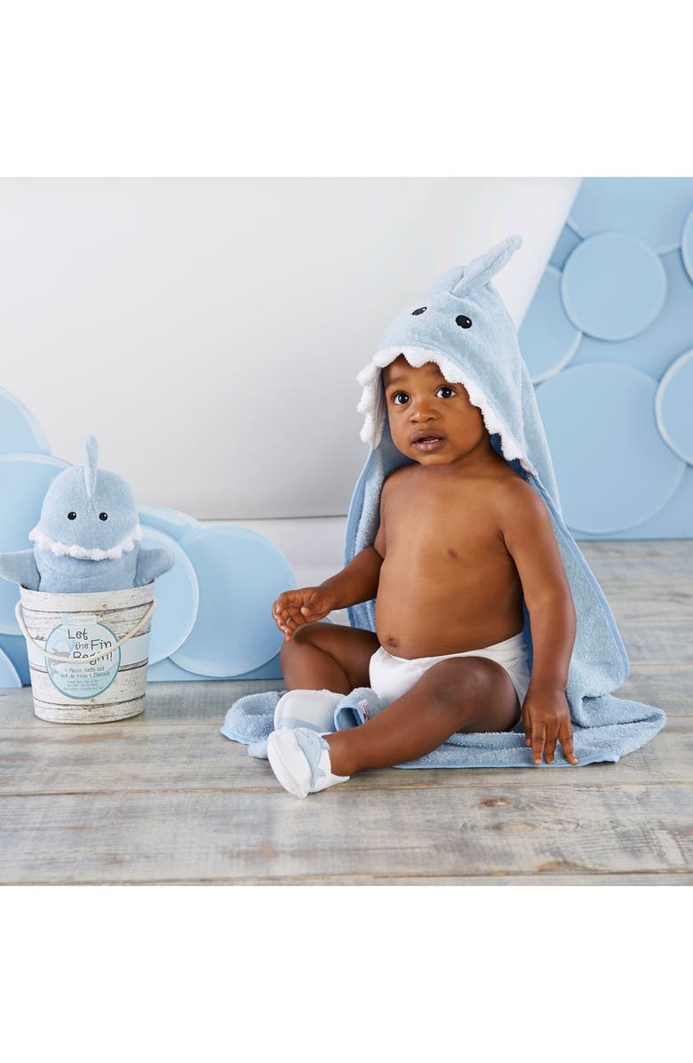 Baby Aspen Let the Fin Begin Hooded Terry Robe, Bath Mitt & Slippers Set, Alternate, color,