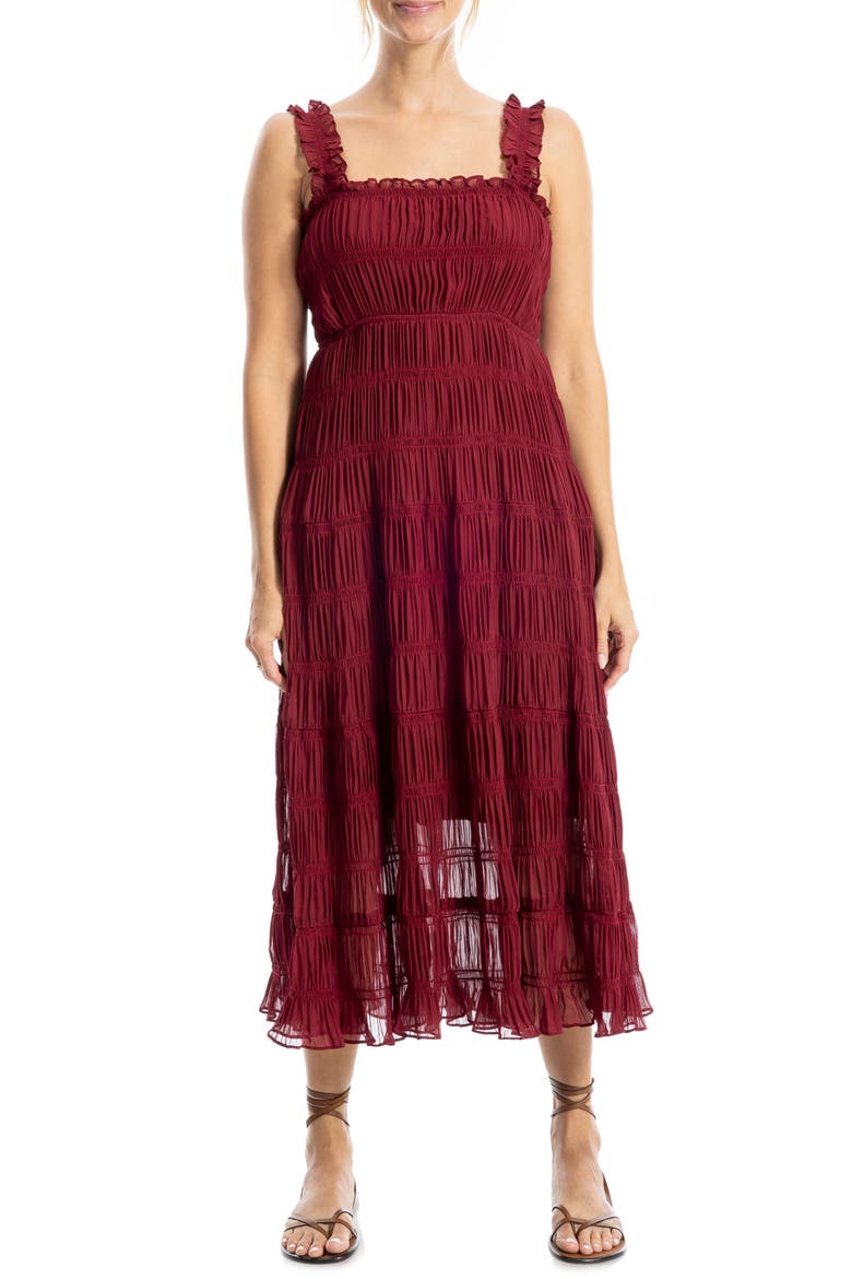 Ruffle Shirred Georgette Midi Dress, Alternate, color, CABERNET