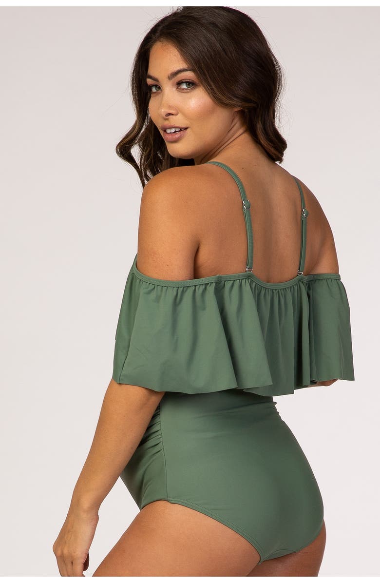 PinkBlush Floral Ruffle Trim Ruched One-Piece Maternity Swimsuit, Alternate, color, Olive Green