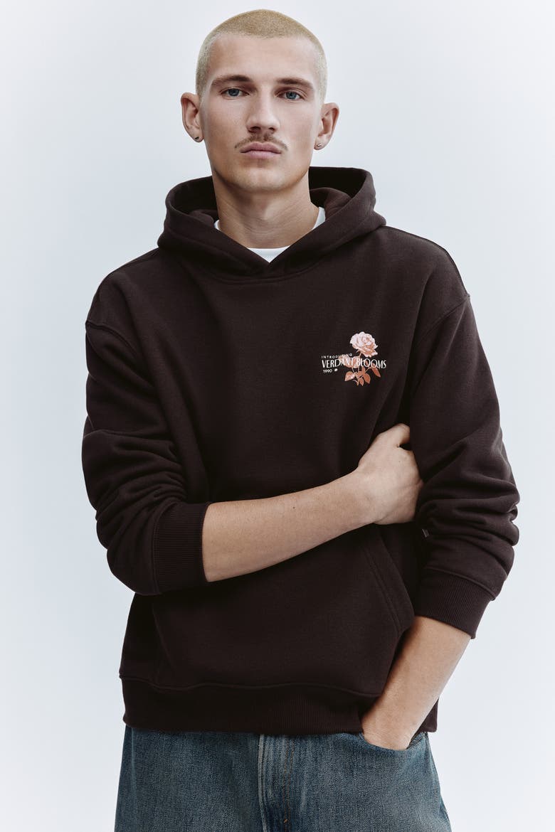Relaxed Fit Printed Hoodie, Alternate, color, Dark brown/Verdant Blooms