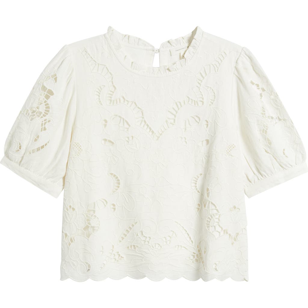 Treasure & Bond Embroidered Cutwork Puff Sleeve Linen Blend Top In Ivory Egret