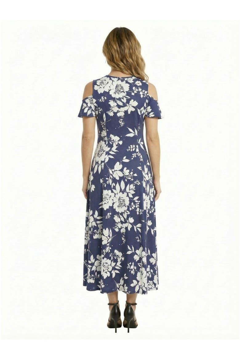 Essential Petite Floral Ruffle Sleeve Cold Shoulder A-Line Maxi Dress, Alternate, color, Navy Multi