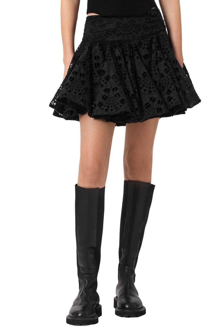 Dotty Pleated Eyelet Miniskirt, Main, color, BLACK