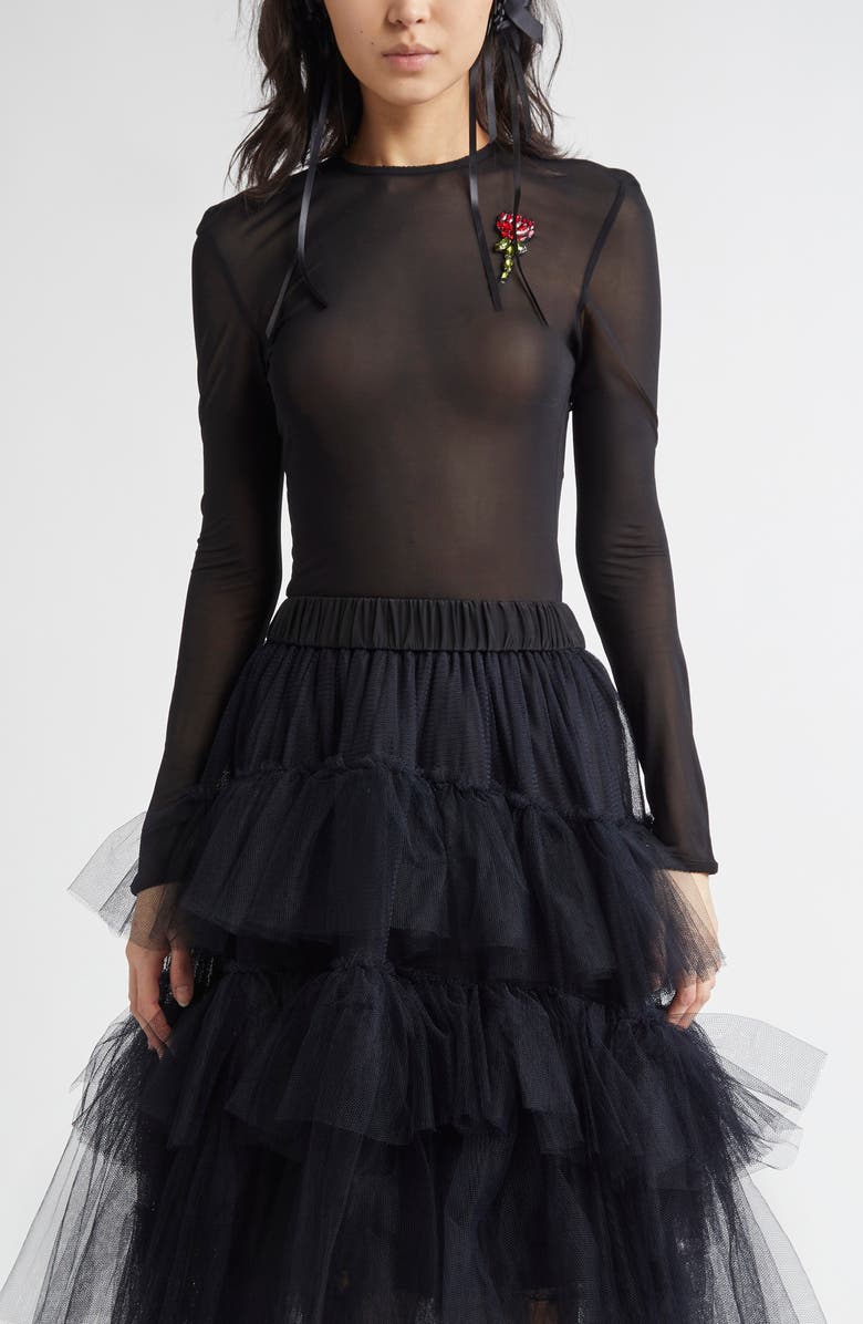 Simone Rocha Crystal Flower Fitted Sheer Mesh Ballet Top, Main, color, 