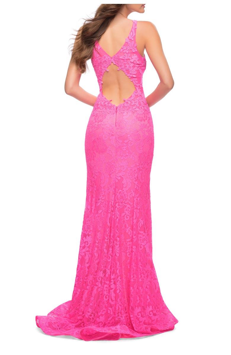 La Femme Stretch Lace Gown with Slit and Open Keyhole Back, Alternate, color, Neon Pink