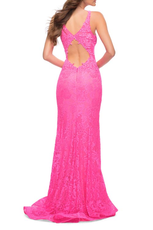 La Femme Stretch Lace Gown With Slit And Open Keyhole Back In Neon Pink