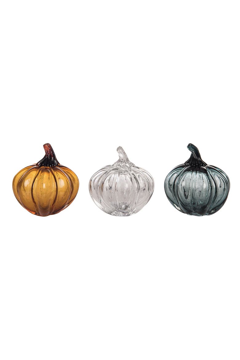 Glass Pumpkin Set of 3 Decorative Sculptures for Fall Decor, Main, color, Green