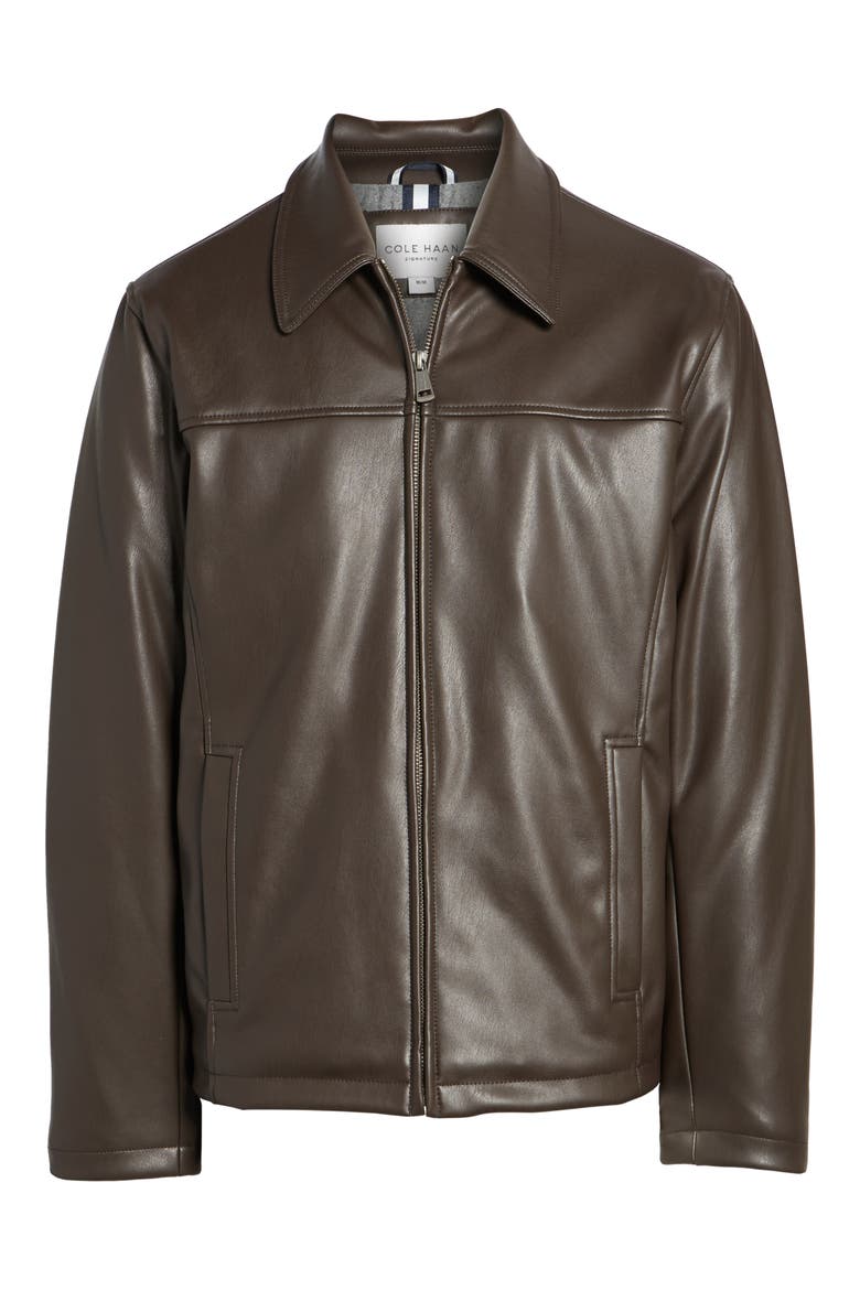 Cole Haan Collared Open Bottom Faux Leather Jacket, Alternate, color, DARK BROWN