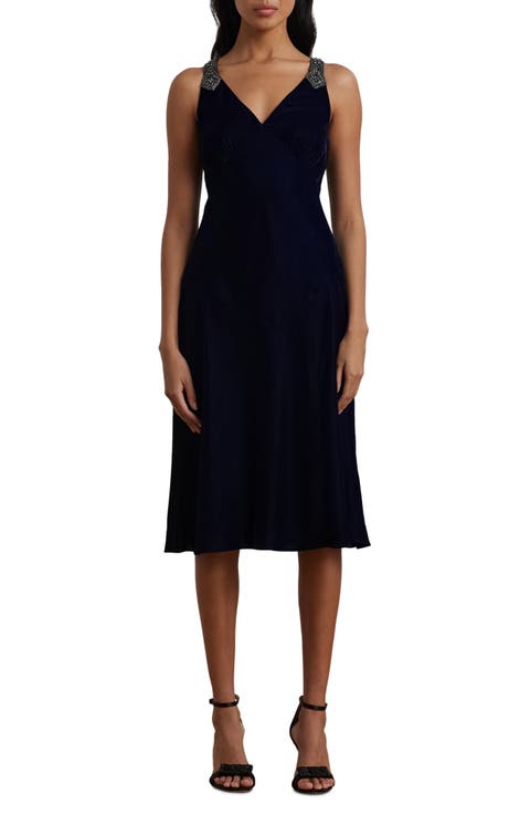 Beaded Strap Velvet Cocktail Fit & Flare Dress