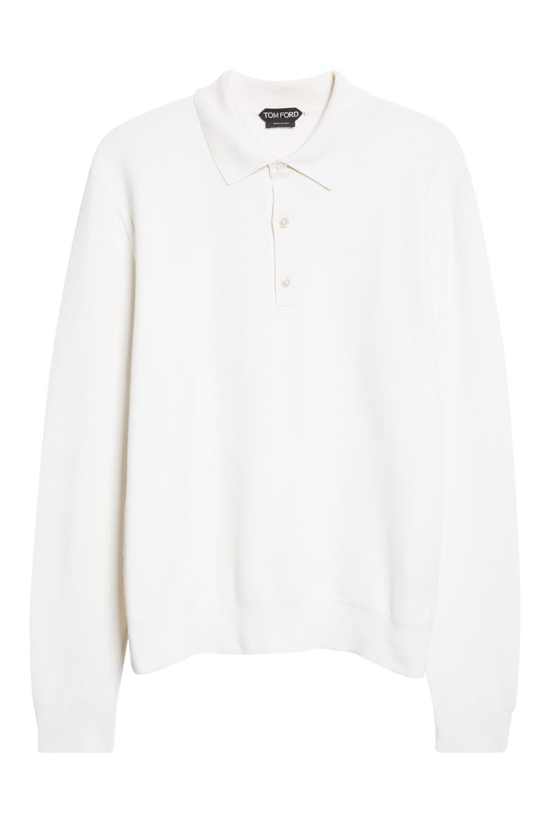 Silk & Cotton Piqué Long Sleeve Polo, Alternate, color, WHITE