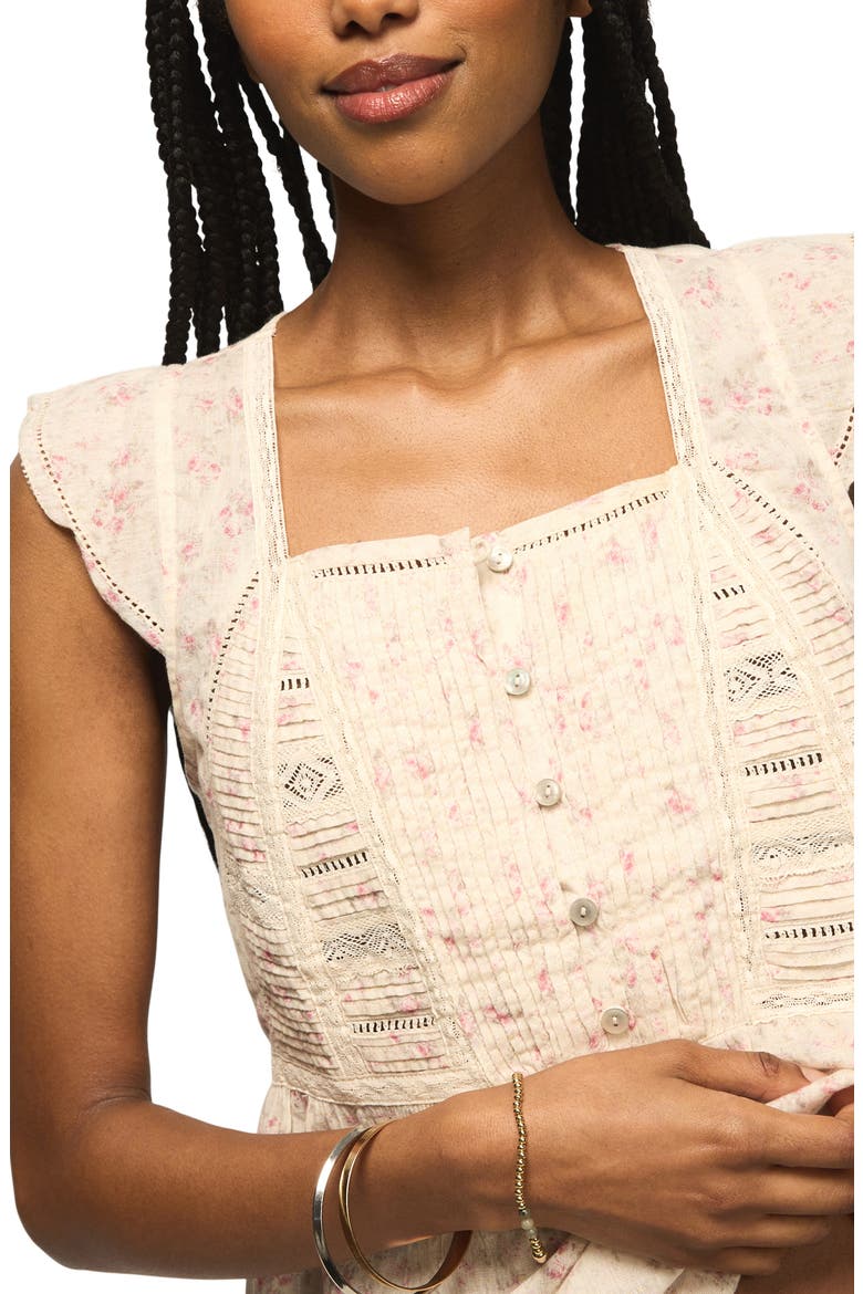 Lace Inset Pintuck Flutter Sleeve Cotton Button-Up Shirt, Alternate, color, ROSE MULTI