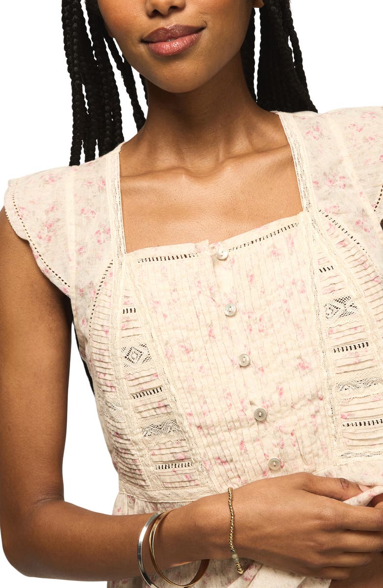 Lucky Brand Lace Inset Pintuck Flutter Sleeve Cotton Button-Up Shirt, Alternate, color, Rose Multi