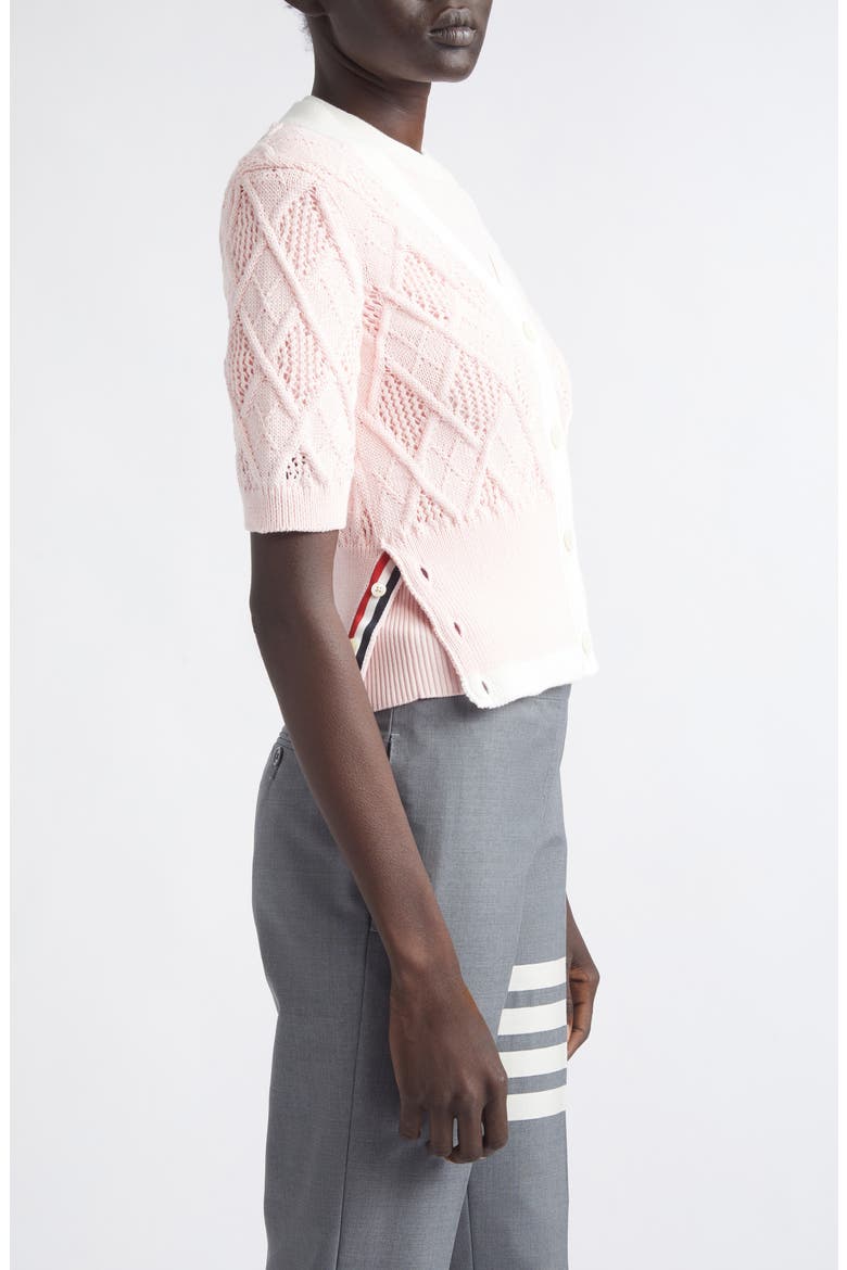 4-Bar Argyle Pointelle Stitch Short Sleeve Cardigan, Alternate, color, LIGHT PINK