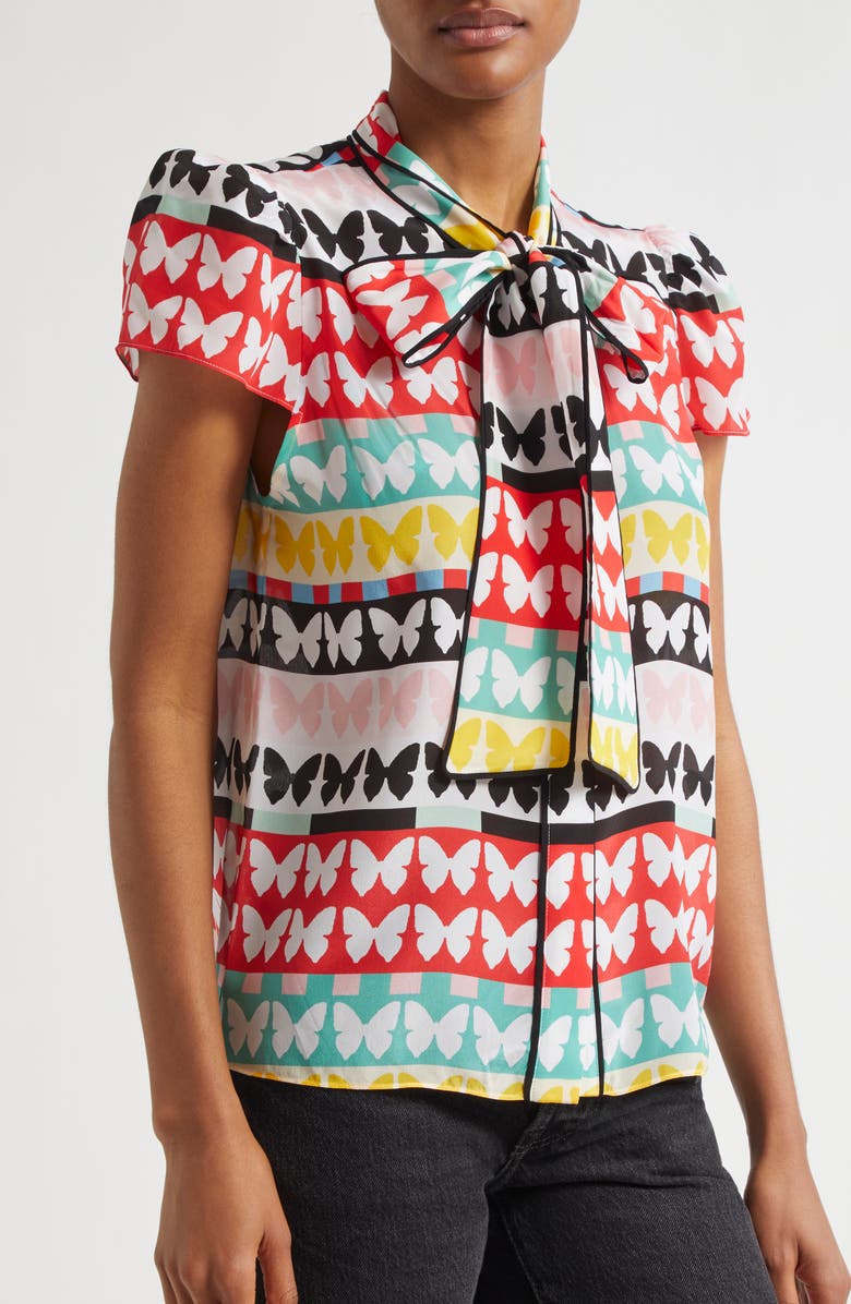 Alice + Olivia Jeannie Butterfly Print Silk Top, Alternate, color,