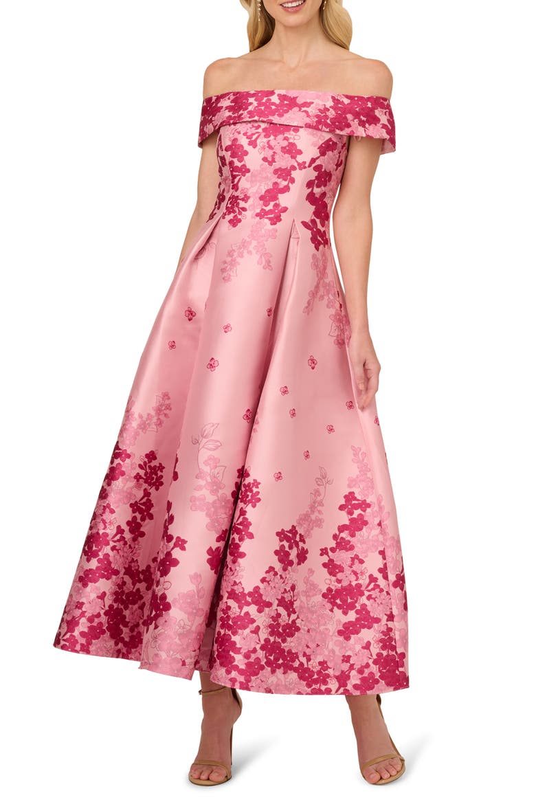 Floral Off the Shoulder Jacquard Gown, Main, color, PINK MULTI