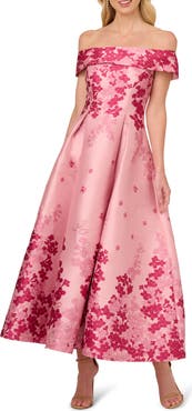 Adrianna Papell Floral Off the Shoulder Jacquard Gown