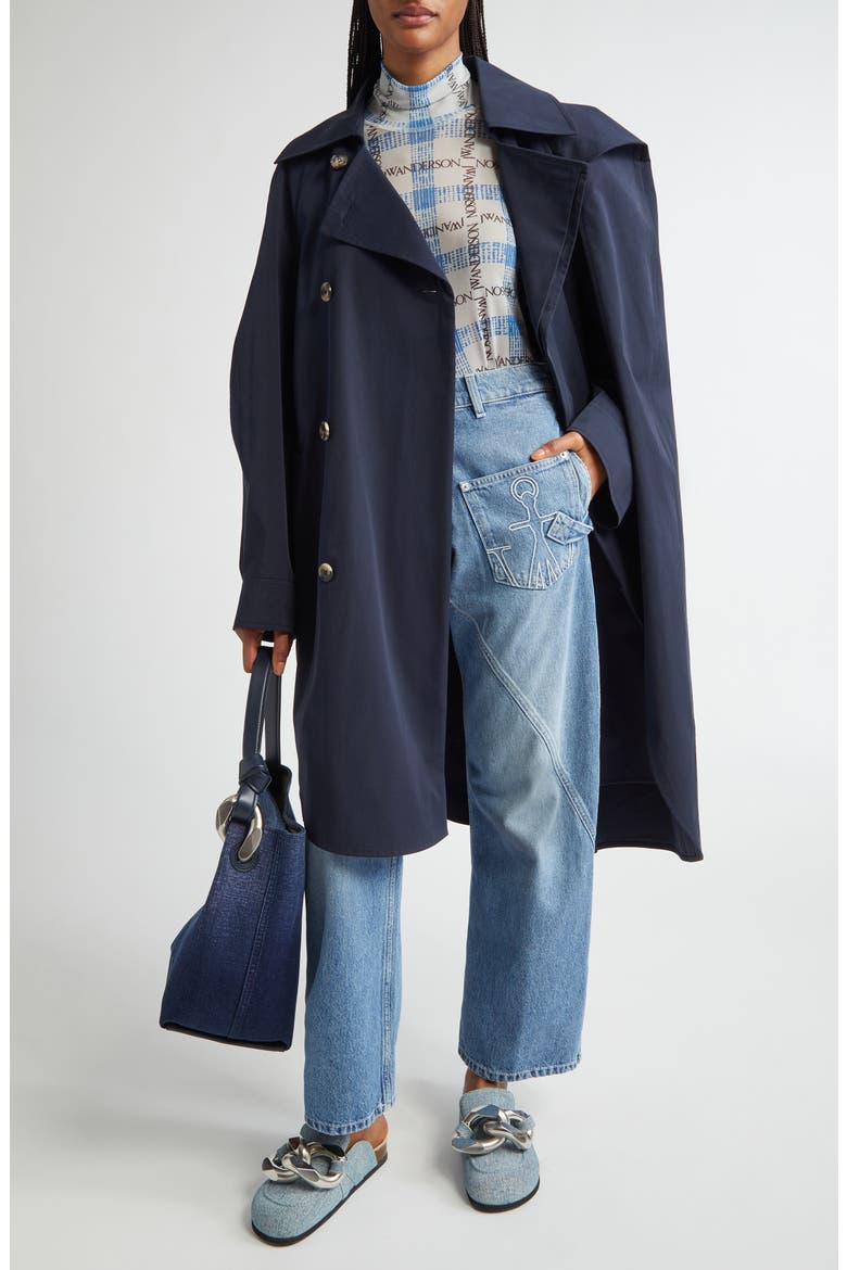 Asymmetric Cotton Twill Cape Trench Coat, Alternate, color, BRIGHT NAVY