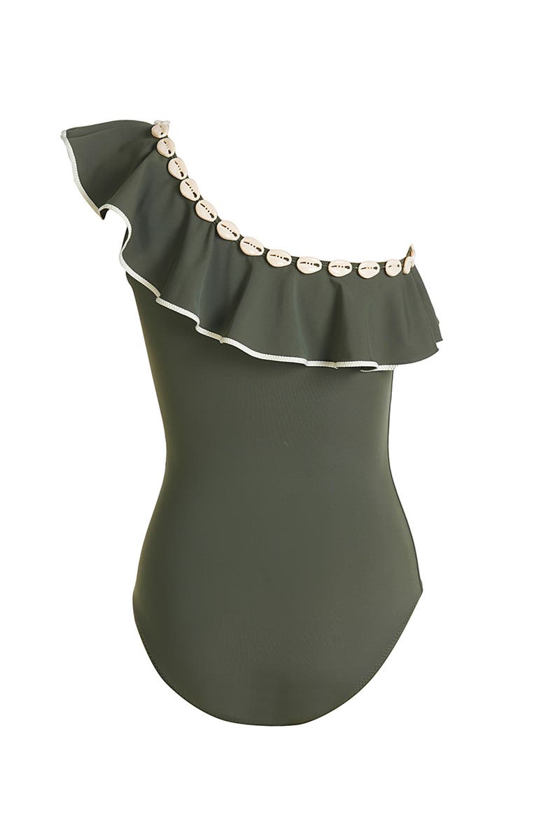 One-Shoulder Ruffle with Shell Detail One-Piece Swimsuit, Alternate, color, Green