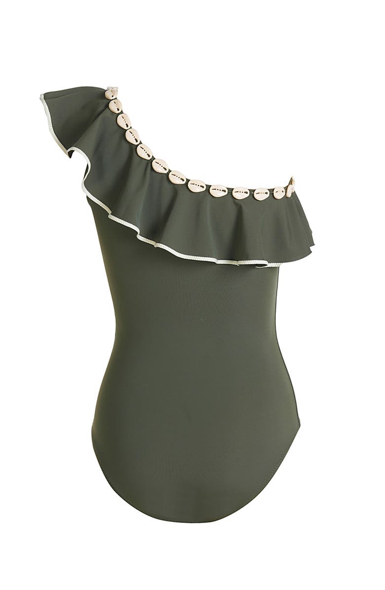 NESSI BYRD One-Shoulder Ruffle with Shell Detail One-Piece Swimsuit, Alternate, color, Green